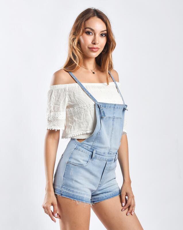 SZ60208 High Waisted Solid Denim Romper Shorts in Light Blue